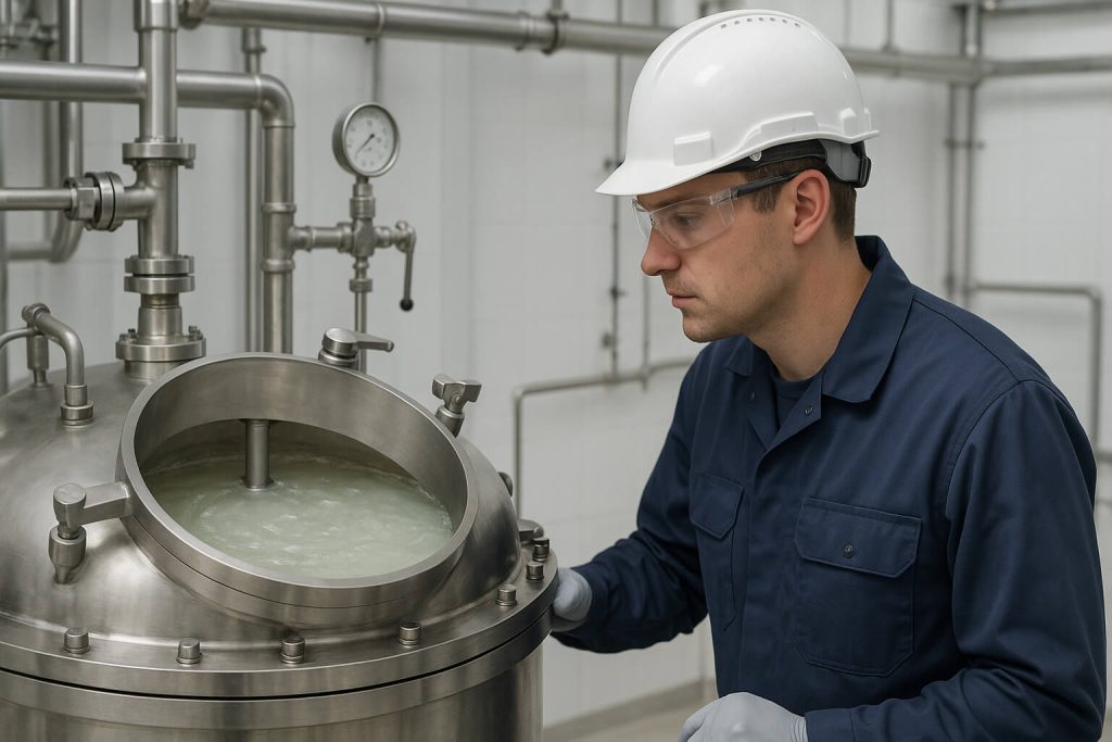 Factory technician observing HPMC gelation at around 75 °C inside a mixing vessel, highlighting sudden thickening during heat-sensitive production