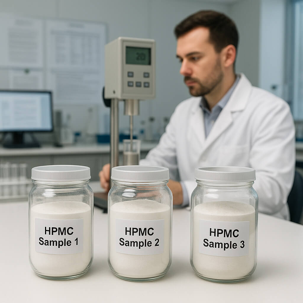 A professional laboratory environment showing multiple HPMC powder samples with varying viscosities. A technician is performing grade analysis using precise lab instruments, emphasizing classification accuracy in material selection.
