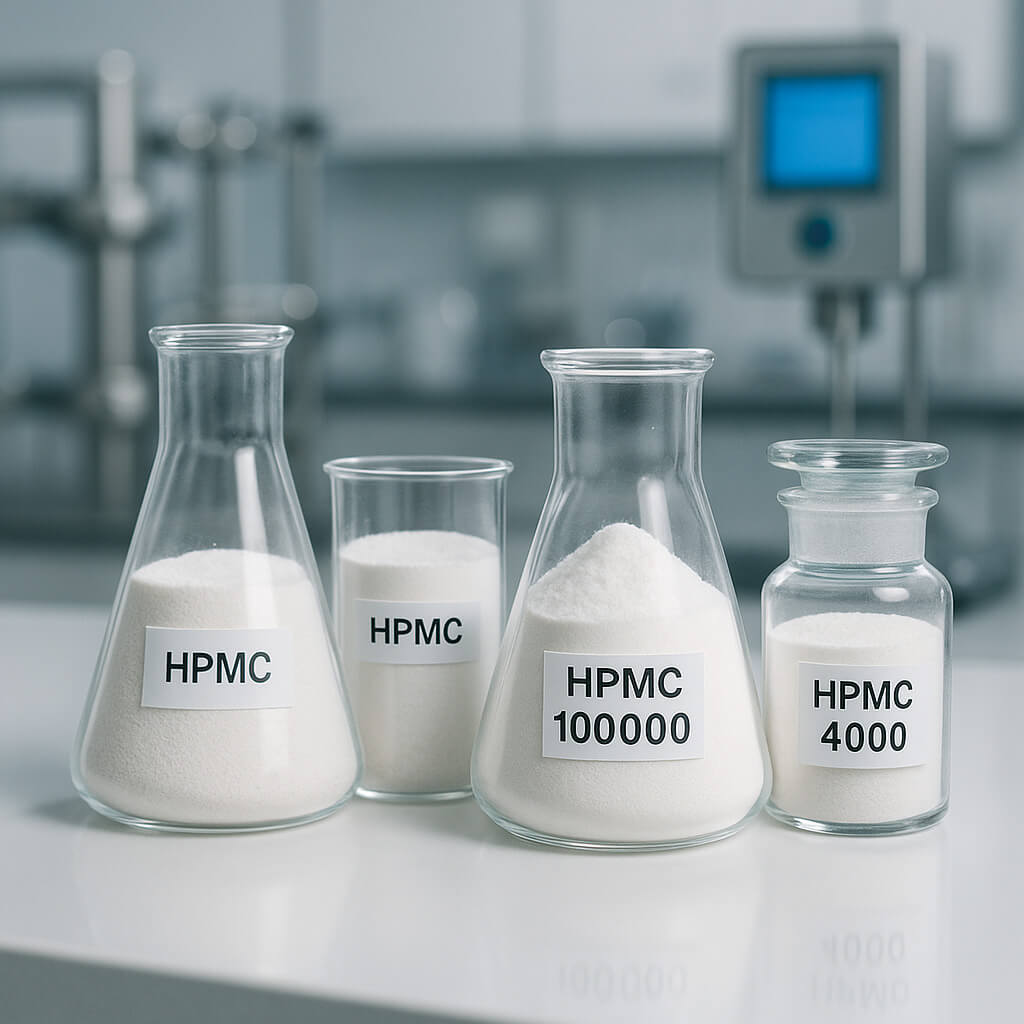 Different HPMC powder grades displayed in labeled lab containers on a clean laboratory bench, representing scientific comparison and analysis.