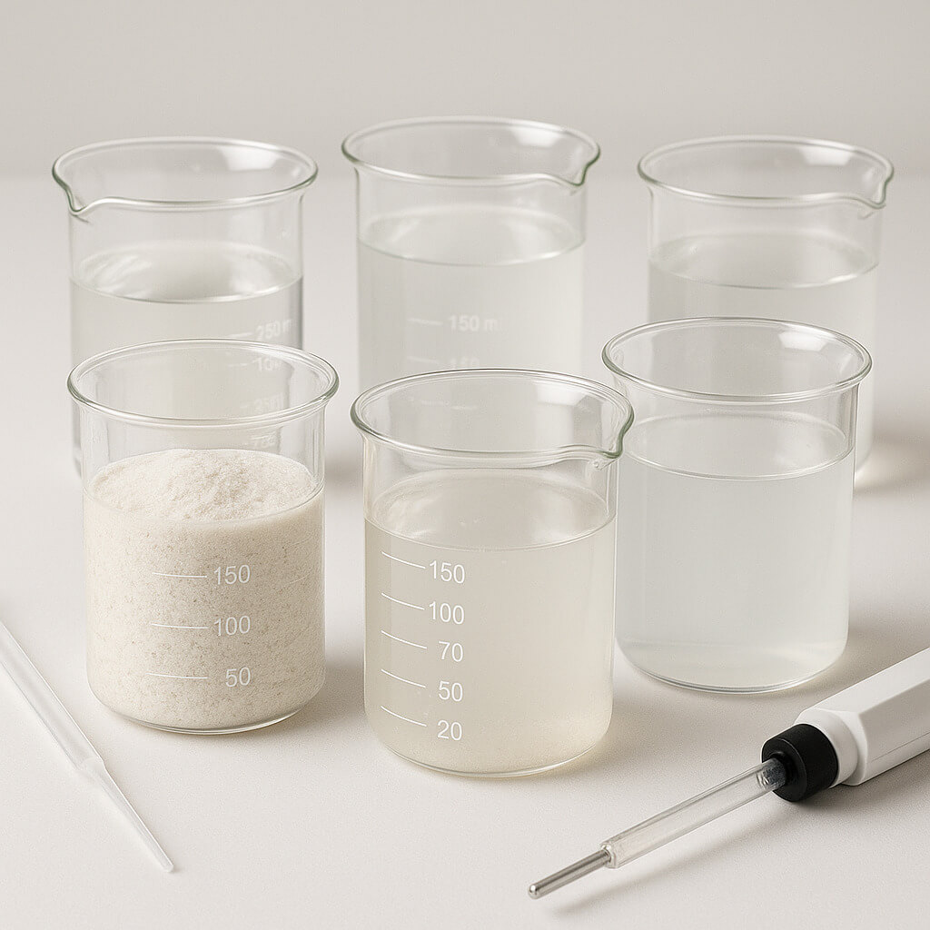 Glass beakers showing different HPMC grades dispersed in water on a pharmaceutical lab bench, with pipettes and pH meters nearby.
