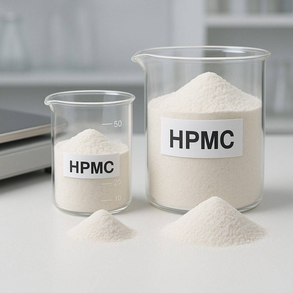 Primo piano di diversi campioni di polvere di HPMC su un banco da laboratorio con becher di vetro e bilancia di precisione, sotto illuminazione neutra da studio.