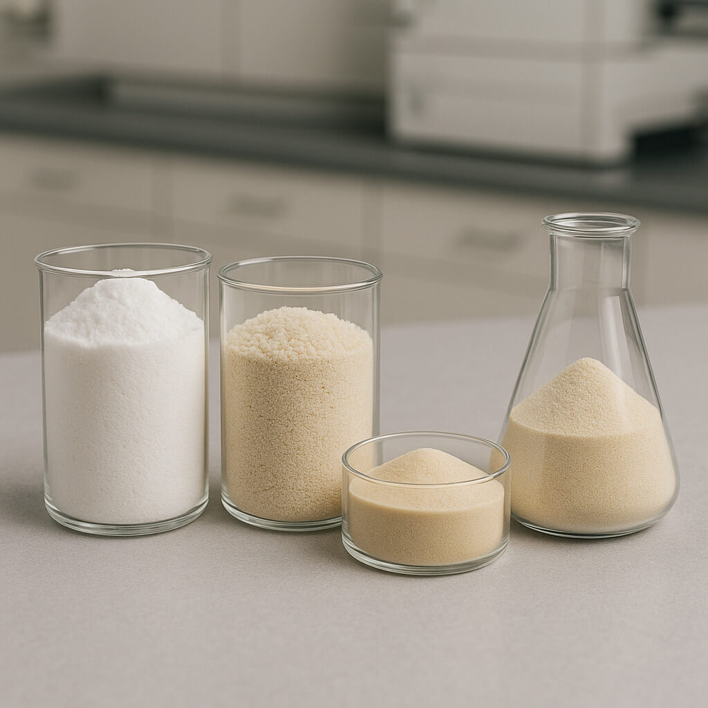 Diversi gradi di polvere di HPMC esposti in vetreria da laboratorio trasparente, che mostrano differenze nelle dimensioni e nel colore delle particelle, disposte su un banco da laboratorio pulito.