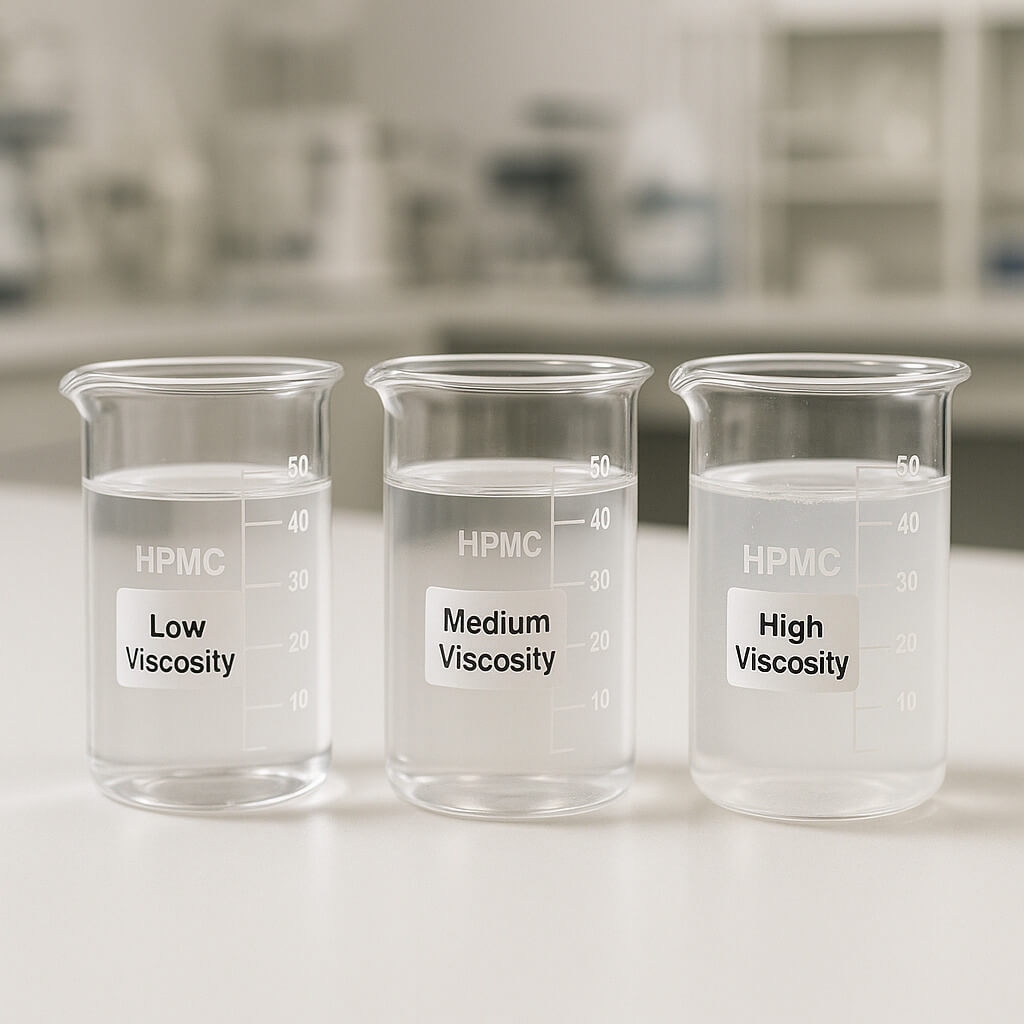 Three laboratory glass beakers containing aqueous HPMC solutions of different viscosities, clearly showing visual differences in clarity and thickness on a clean pharmaceutical lab bench.