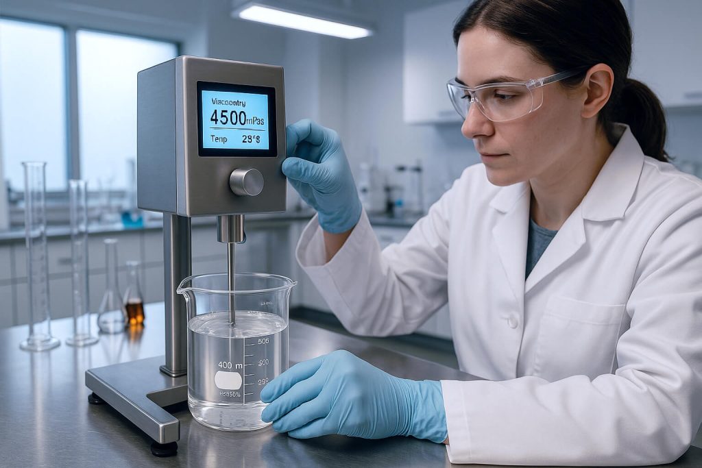 Laboratory technician measuring the viscosity of an HPMC solution with a digital viscometer in a controlled lab environment, demonstrating uniform dispersion and stable viscosity as part of HPMC grade selection testing.