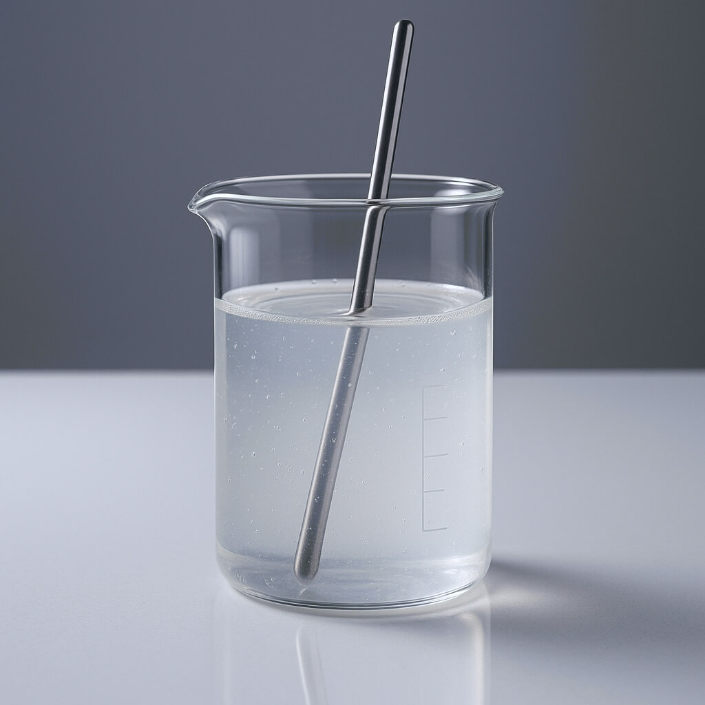 Clear glass beaker containing high-viscosity HPMC solution on a laboratory bench, with a stainless-steel stirring rod and out-of-focus neutral background, showing the typical appearance of HPMC in solution.