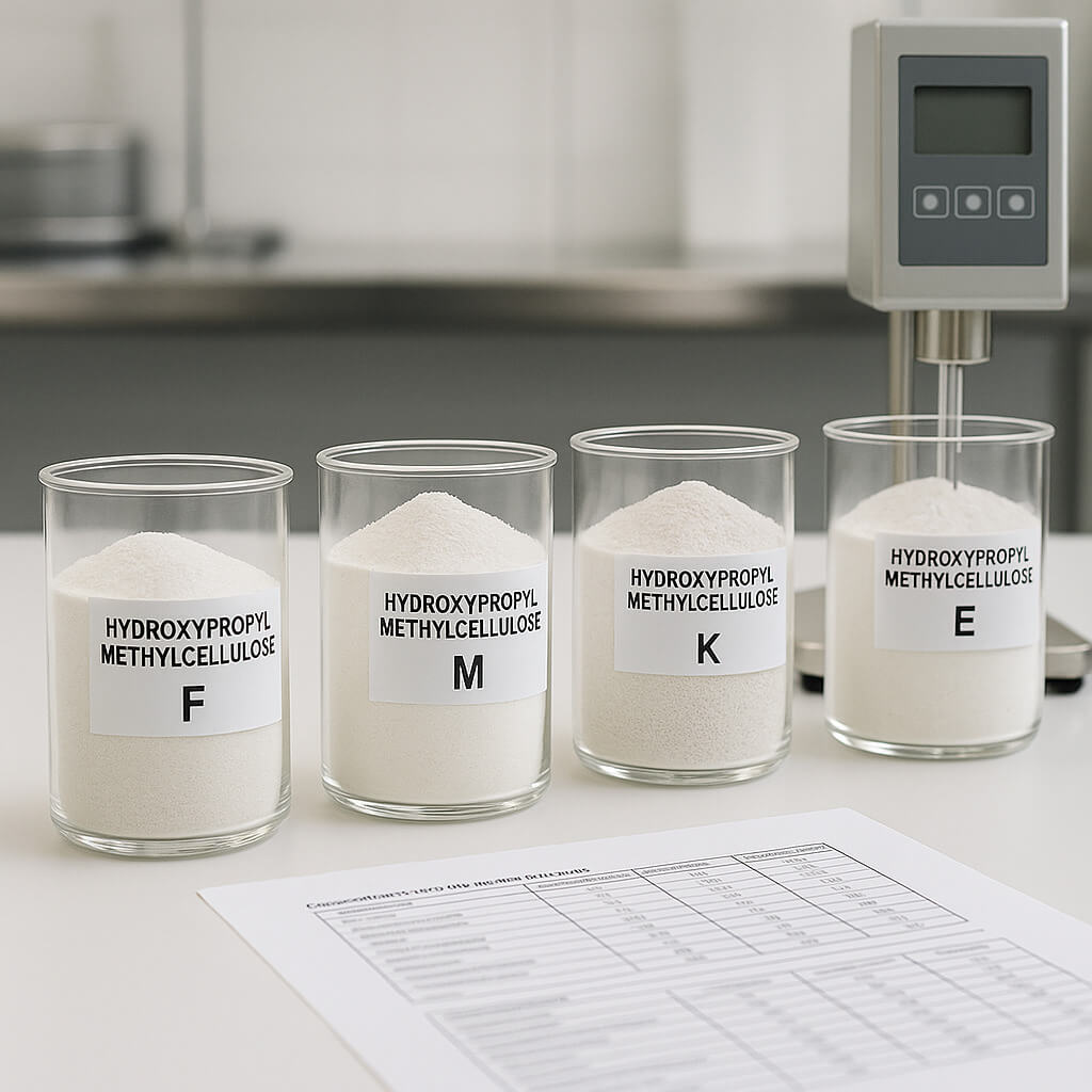 Different grades of Hydroxypropyl Methylcellulose (HPMC) powders displayed in labeled laboratory containers, showing variations in texture and formulation characteristics in a clean, professional lab environment.