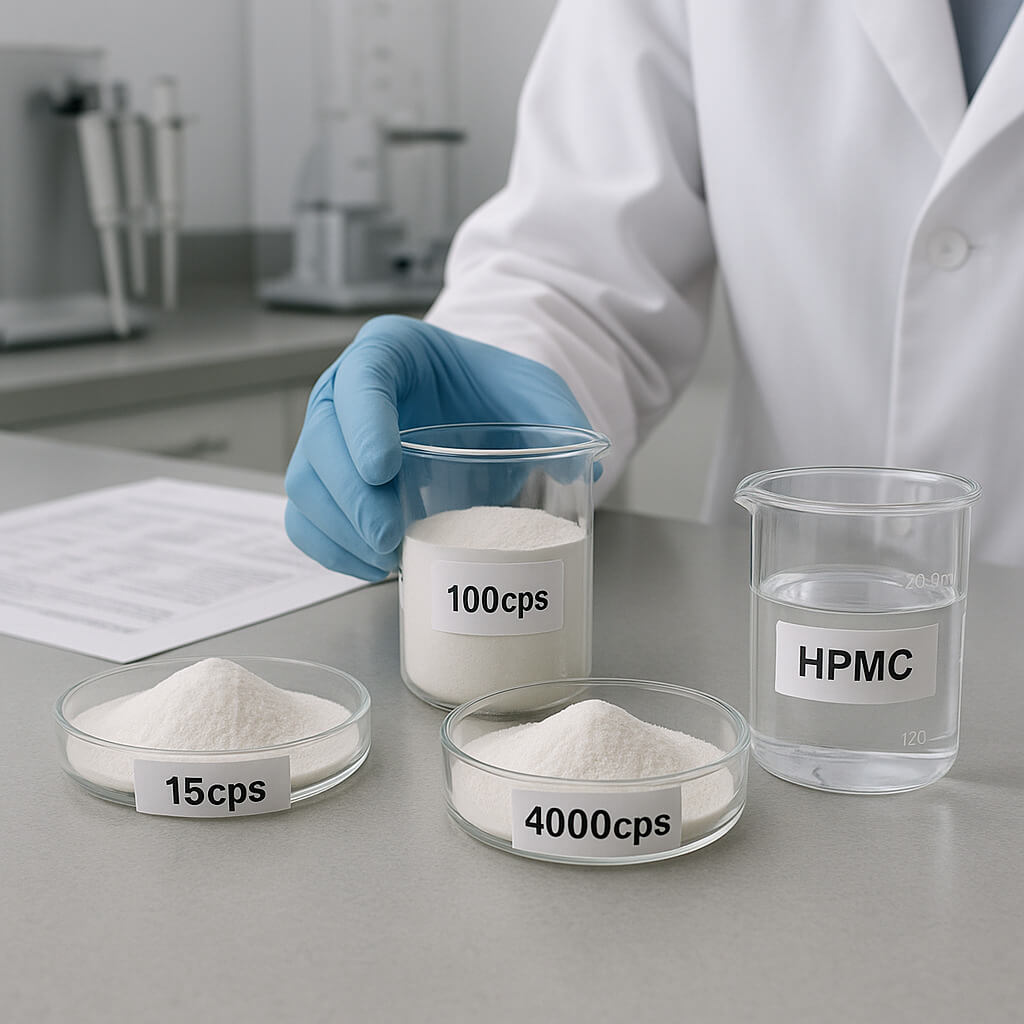 Vari gradi di polvere HPMC esposti in un moderno laboratorio con piastre di Petri, becher e un tecnico di laboratorio che esegue l'analisi della qualità.