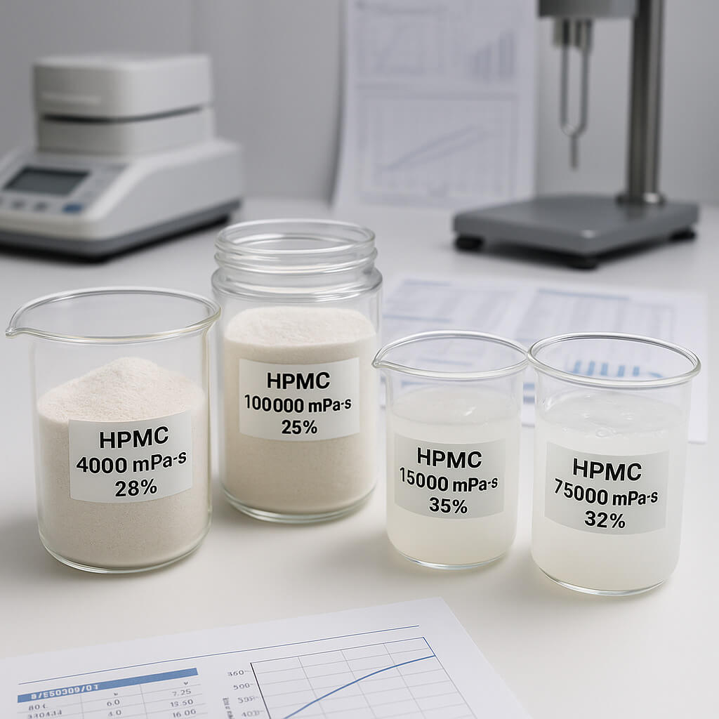 Nahaufnahme verschiedener HPMC-Proben in Laborglasgefäßen, die unterschiedliche Viskositätsgrade und Substitutionsgrade zeigen, mit Testgeräten im Hintergrund zur Materialbewertung.