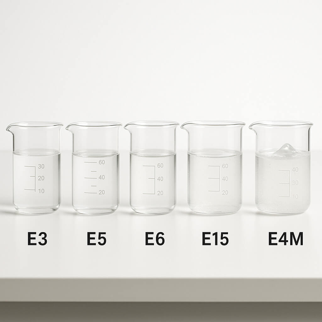 Seis vasos de precipitados de vidrio de laboratorio, cada uno con una solución de HPMC de diferente grado (E3, E5, E6, E15, E50, E4M), se alinearon cuidadosamente sobre una mesa blanca para comparar visualmente los niveles de viscosidad. Los líquidos muestran un espesor creciente de izquierda a derecha bajo iluminación controlada en un entorno científico limpio.