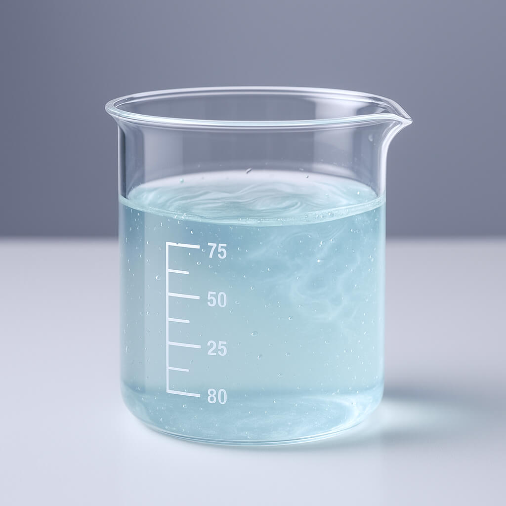 Close-up studio photo of hydrated Hydroxypropyl methylcellulose (HPMC) gel in a transparent beaker on a lab bench, captured with controlled lighting and neutral background for product analysis.