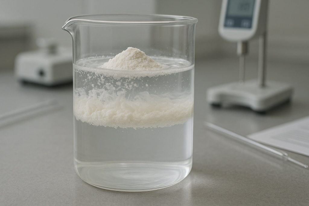 Photorealistic image of HPMC powder dissolving in water inside a beaker, highlighting the hydration and dispersion properties of different grades.