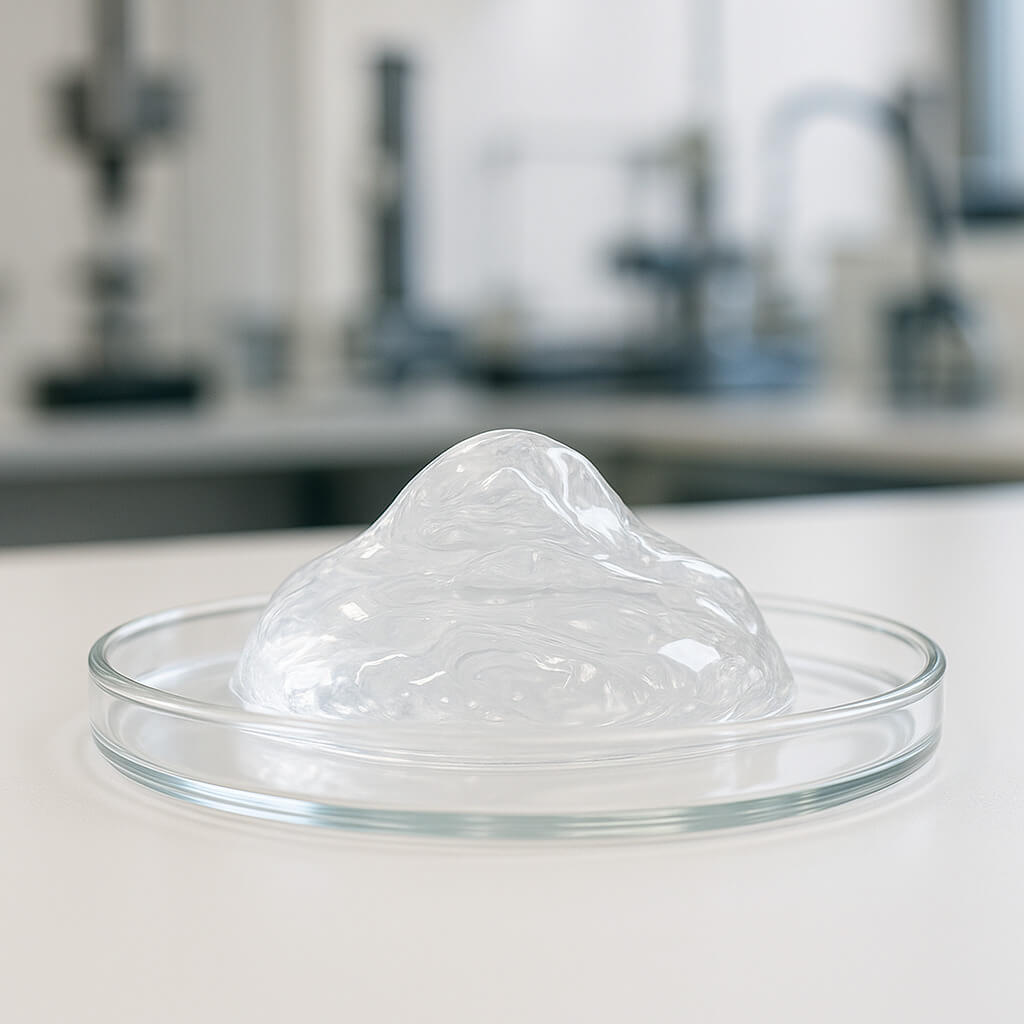 Photographie en gros plan en studio d'hydrogel d'hydroxypropylméthylcellulose (HPMC) dans une boîte de Pétri en verre, montrant sa structure de gel transparente et sa consistance lisse sous un éclairage de laboratoire contrôlé.