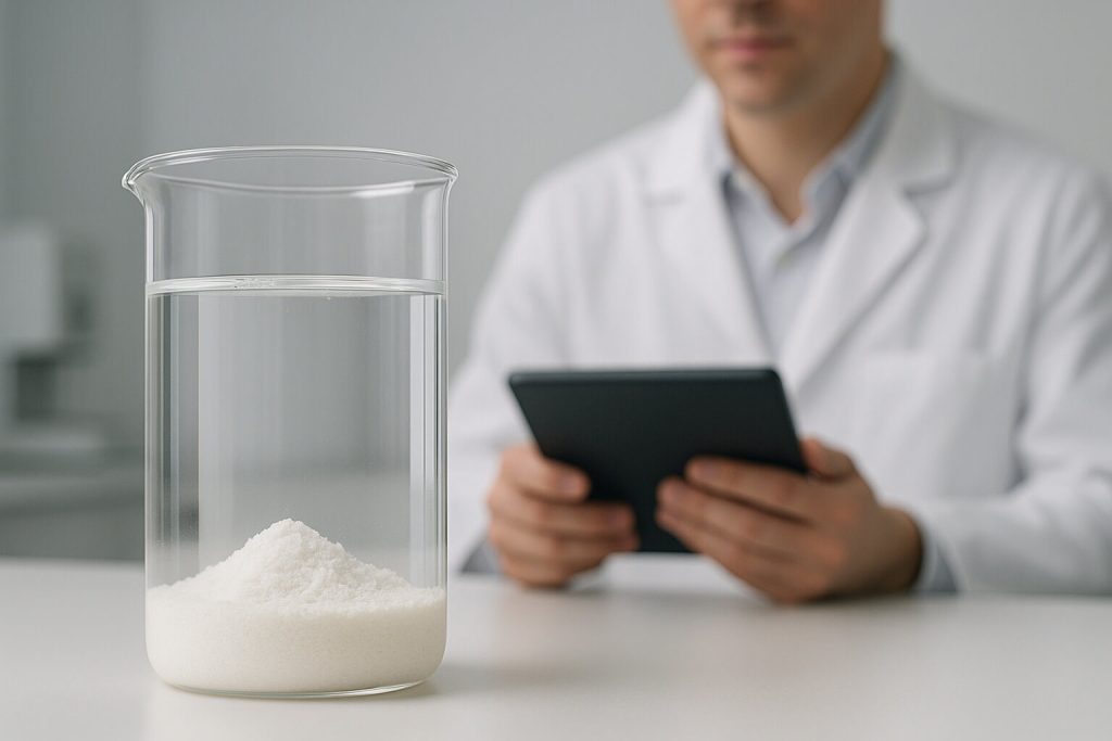 High-resolution image of HPMC powder dispersing in water, demonstrating hydroxypropyl content impact on solubility and viscosity, in a clean, professional laboratory environment.