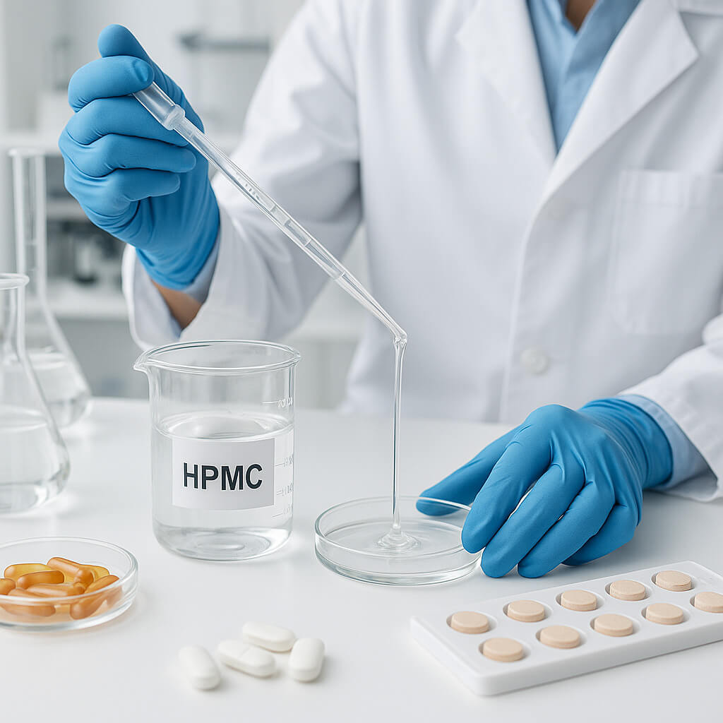 Scientist working with Hydroxypropyl Methylcellulose (HPMC) solution in a pharmaceutical lab, using pipettes and tablet molds on a clean laboratory bench.
