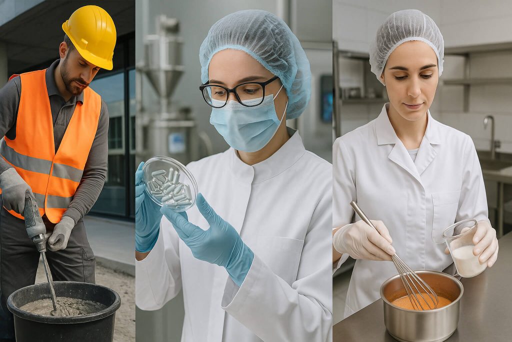 Scena composita realistica che mostra l'HPMC utilizzato in ambito edile, farmaceutico e alimentare, evidenziandone la versatilità nella miscelazione di malte, nella formulazione di capsule e nell'addensamento degli alimenti.
