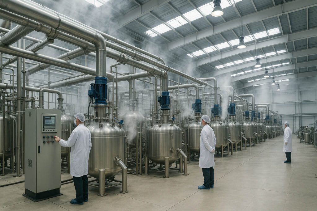 Vista interna di un moderno impianto cinese di produzione di HPMC con reattori in acciaio inossidabile, serbatoi di miscelazione e tecnici che azionano le apparecchiature in condizioni industriali pulite e controllate.
