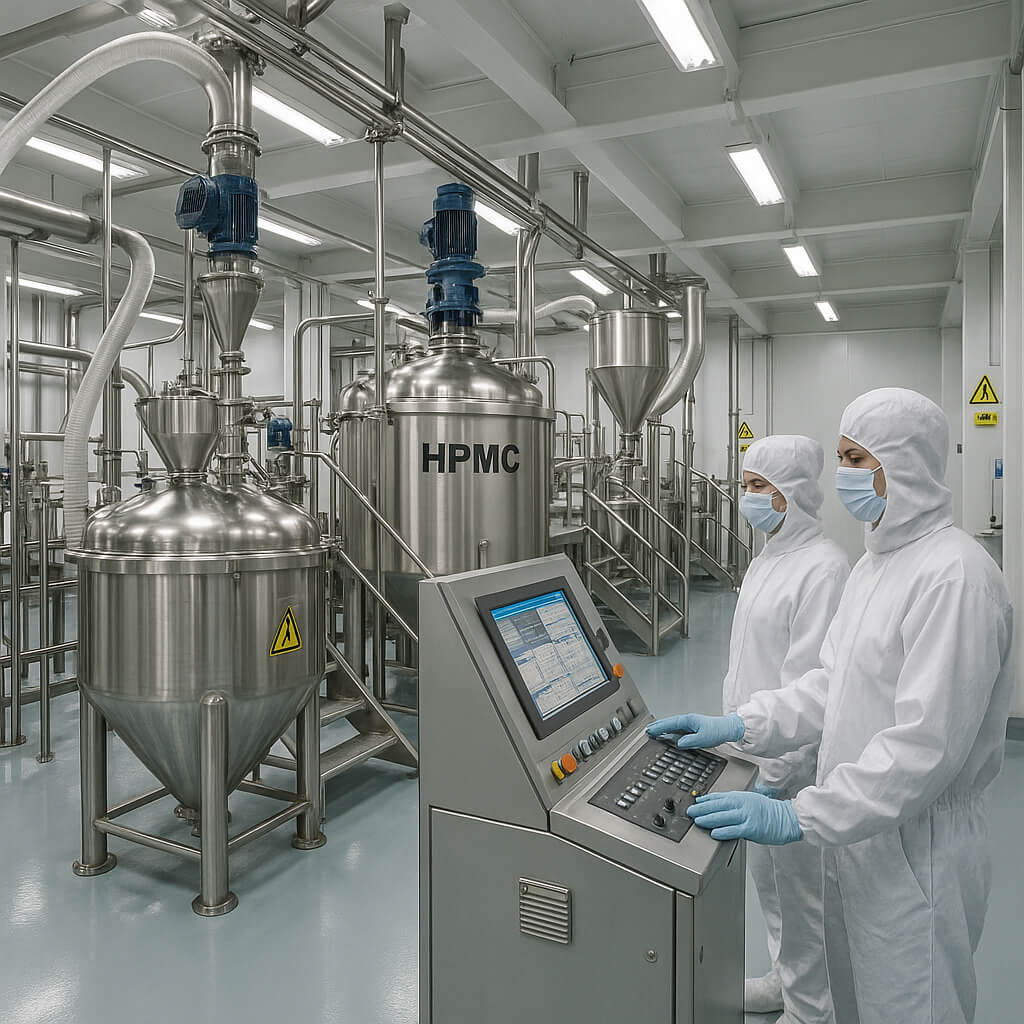 Interior of a modern Chinese factory manufacturing Hydroxypropyl Methylcellulose (HPMC), featuring stainless steel reactors, automated powder handling systems, and technicians in cleanroom suits.