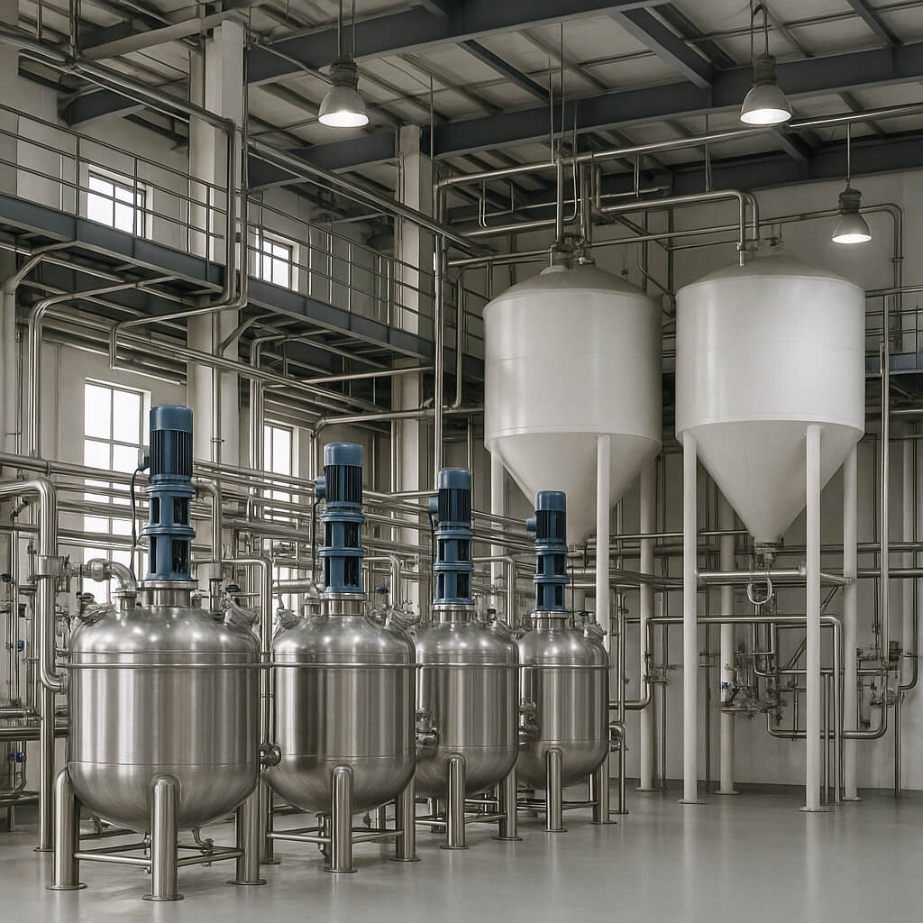 Industrial HPMC reactor system with stainless-steel equipment and raw-material silos in a clean Chinese factory environment