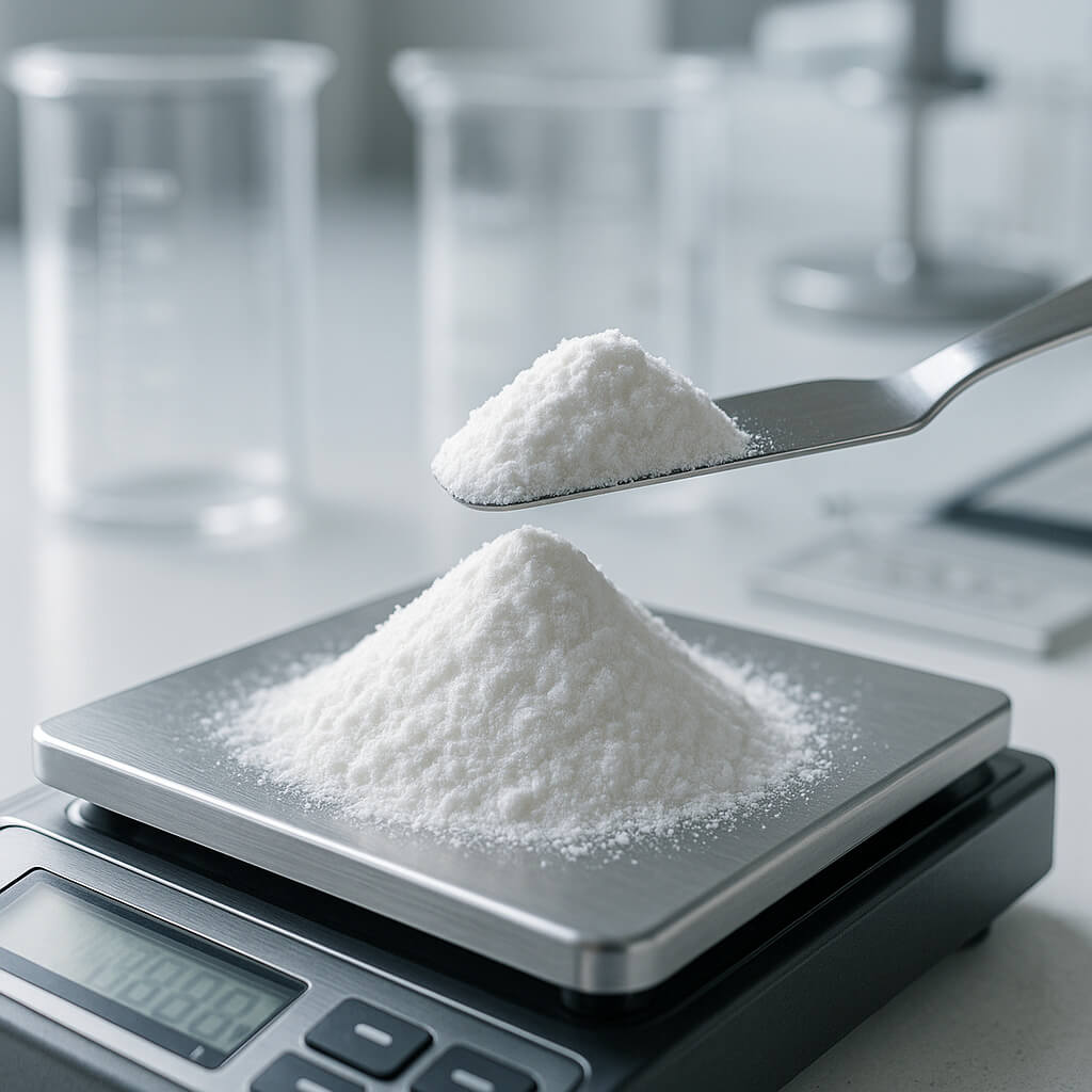 Polvere di idrossipropilmetilcellulosa (HPMC) ad elevata purezza esposta in un moderno ambiente di laboratorio, maneggiata con strumenti in acciaio inossidabile su una superficie pulita, a dimostrazione del suo ruolo di ingrediente chiave della formulazione.