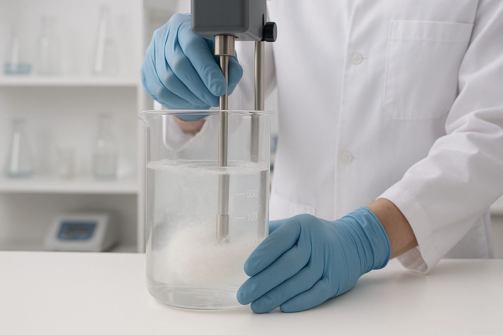 Photorealistic visualization of HPMC K100LV dispersing in water during a lab solubility and viscosity test, highlighting its functional behavior in high-performance applications.