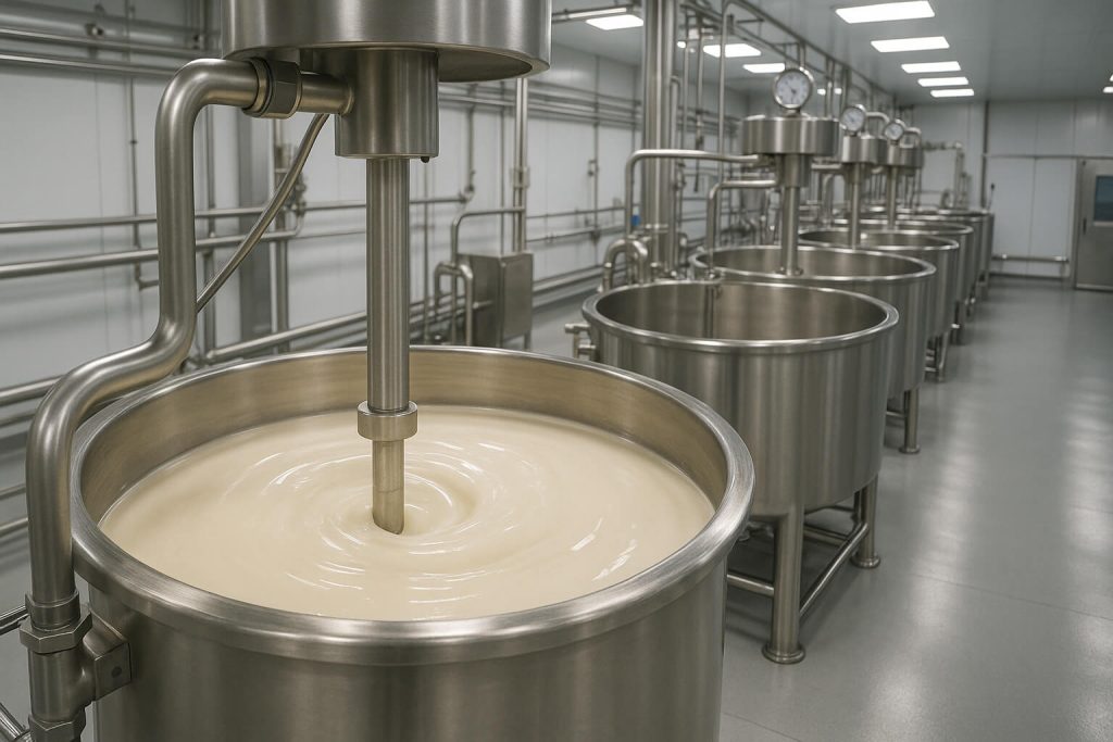 Industrial food processing line featuring stainless steel mixers stirring a thick, uniform liquid — visually demonstrating HPMC K100LV's thickening and stabilizing function in food-grade production.