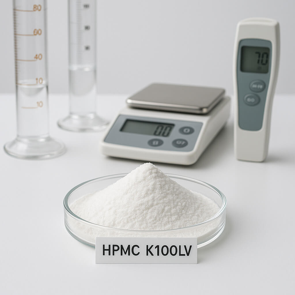 Close-up view of HPMC K100LV powder in a glass dish with professional lab equipment, illustrating its high-performance quality and precision formulation use.