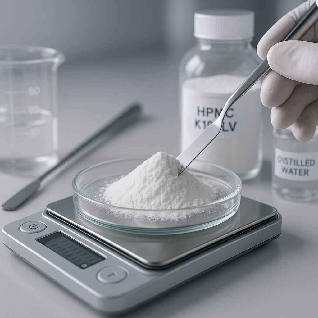High-purity HPMC K100LV powder being tested in a modern laboratory using professional lab instruments, showcasing its quality and technical consistency for industrial applications.