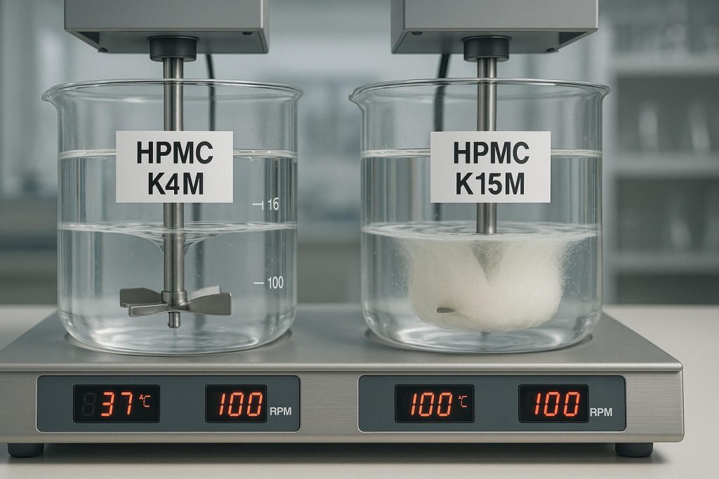 Side-by-side dissolution testing of HPMC K4M and K15M showing gel layer differences at 37 °C and 100 RPM

