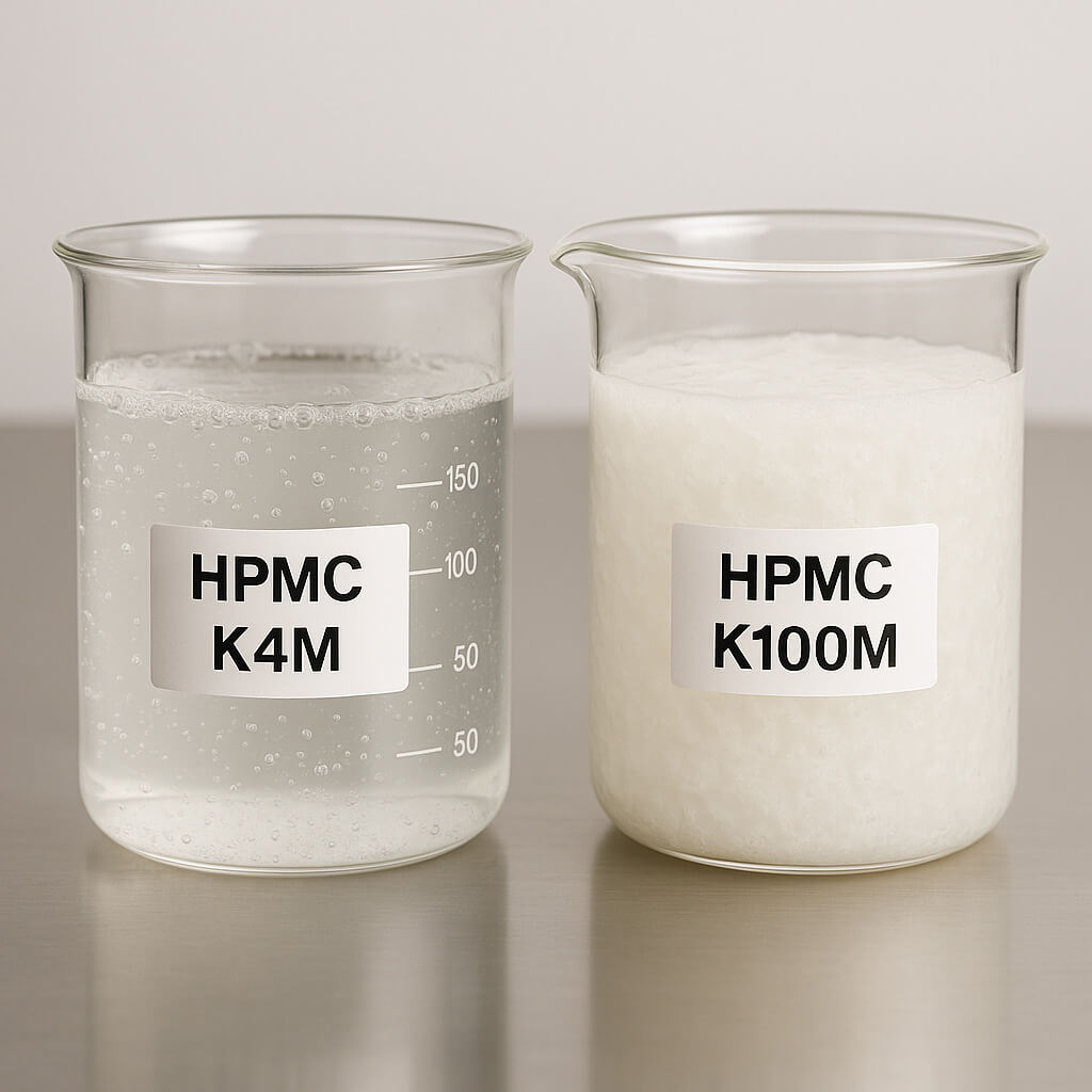 Side-by-side studio image of two transparent glass beakers containing hydrated HPMC K4M and K100M gel matrices on a stainless-steel lab bench, clearly showing their differences in viscosity and gel appearance under neutral lighting.