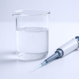 كأس معمل شفاف يحتوي على محلول HPMC شفاف لزج على طاولة معمل بيضاء، مصحوبًا بماصة دقيقة، تم تصويره في بيئة استوديو خاضعة للرقابة.