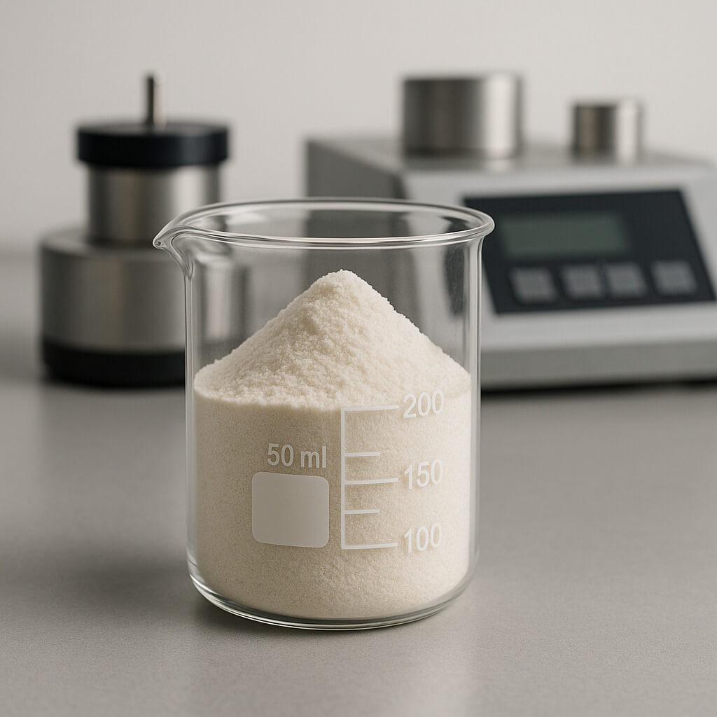 Fotografía de estudio en primer plano de polvo de hidroxipropilmetilcelulosa (HPMC) en un vaso de precipitados sobre una mesa de laboratorio, que muestra una textura realista del material y un fondo de configuración de prueba.