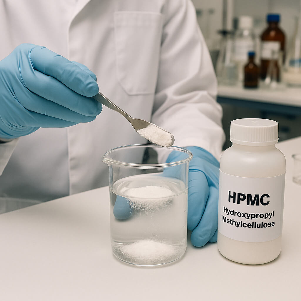 Laboratory technician pouring HPMC powder into water in a beaker, showing initial hydration and dispersion in a controlled lab environment.