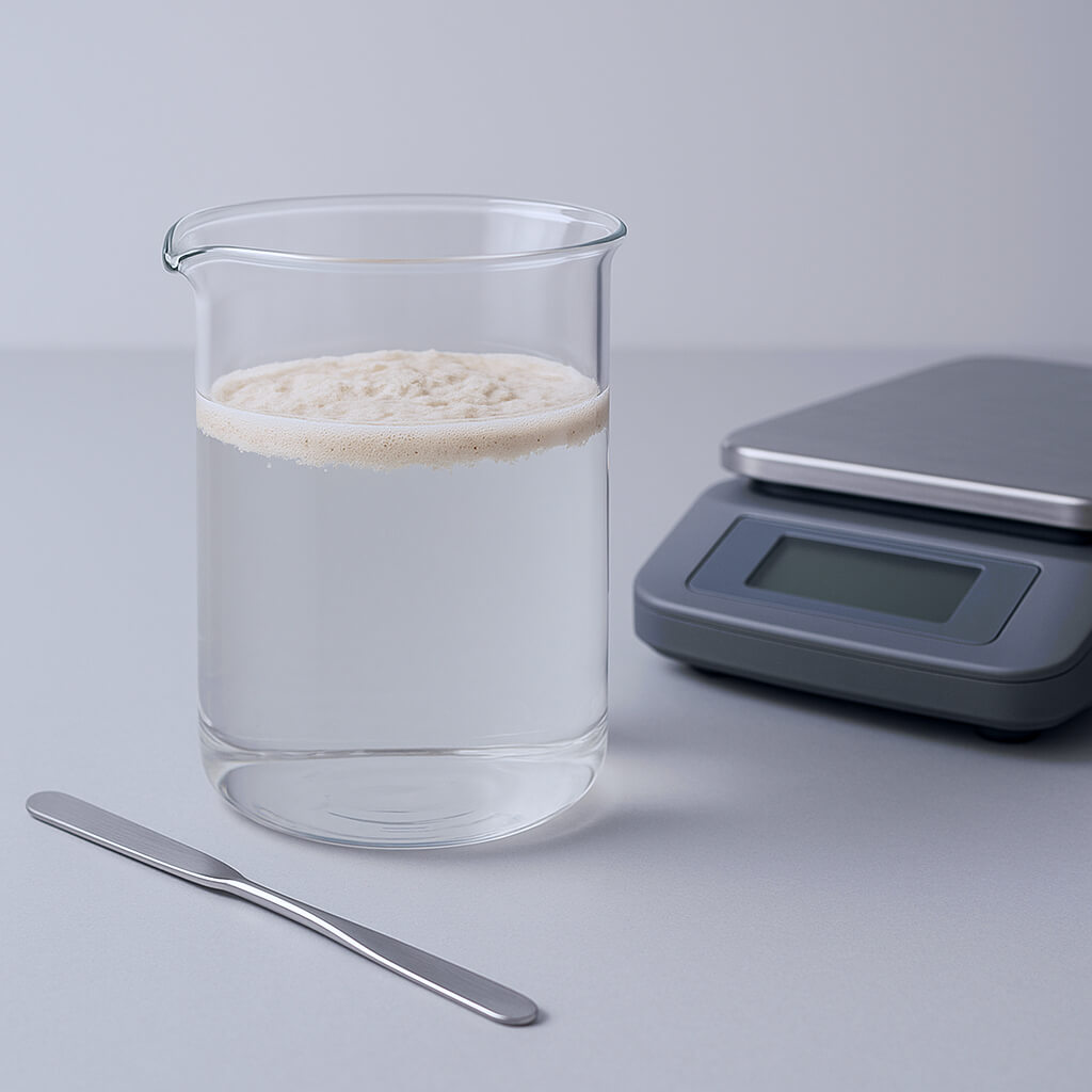 High-purity HPMC powder and distilled water in a glass beaker on a laboratory bench with a spatula and digital balance, captured under neutral studio lighting.