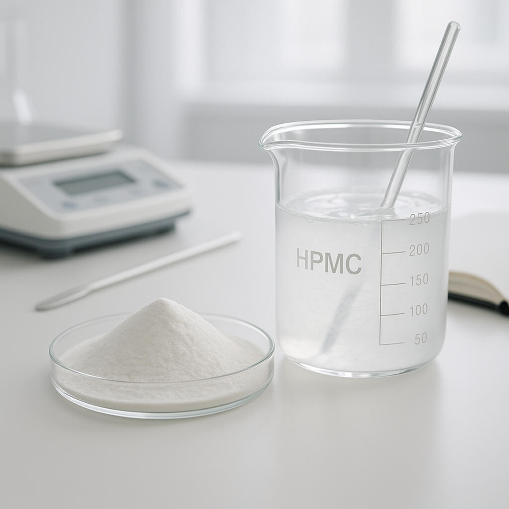 Photorealistic image of Hydroxypropyl Methylcellulose (HPMC) powder being dispersed in water in a laboratory setting, showcasing its solubility and versatility as a functional polymer.