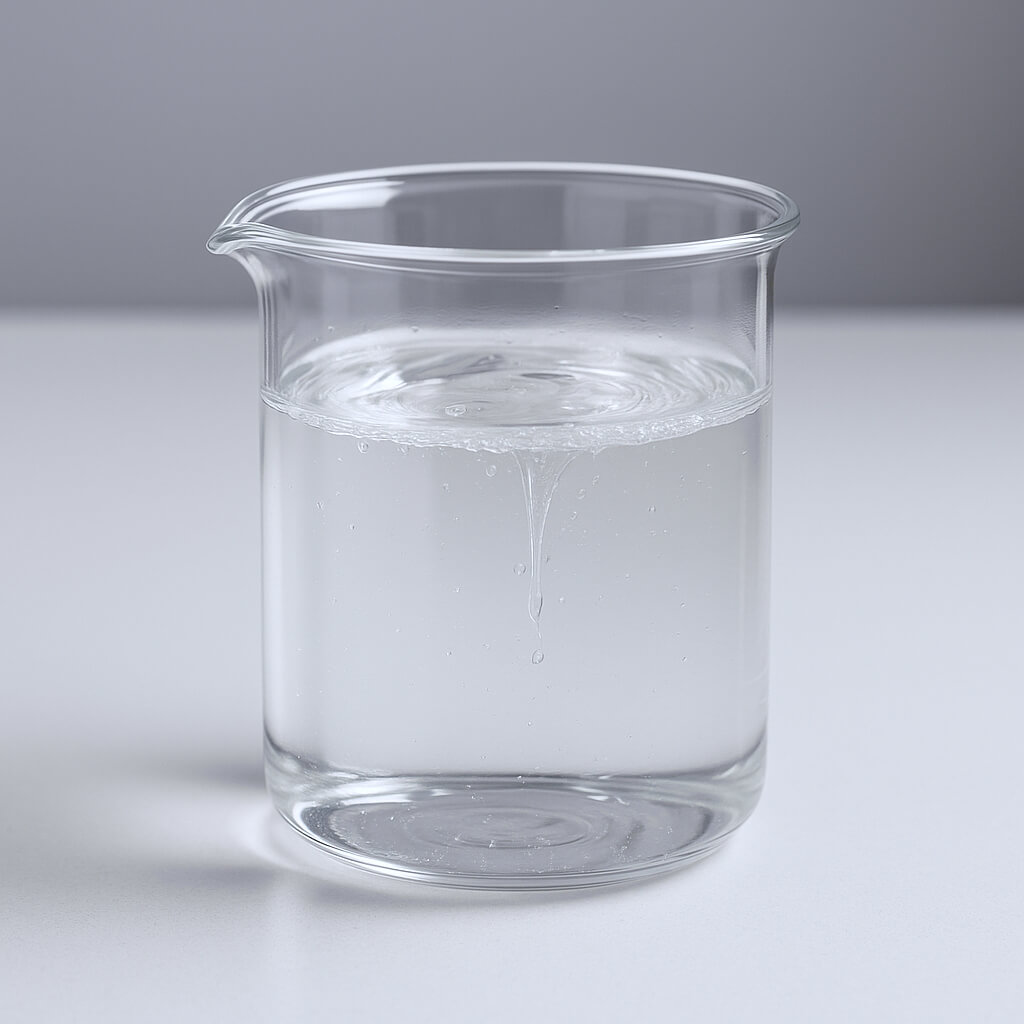 Transparent beaker containing clear viscous HPMC solution on a white laboratory bench, photographed in studio lighting