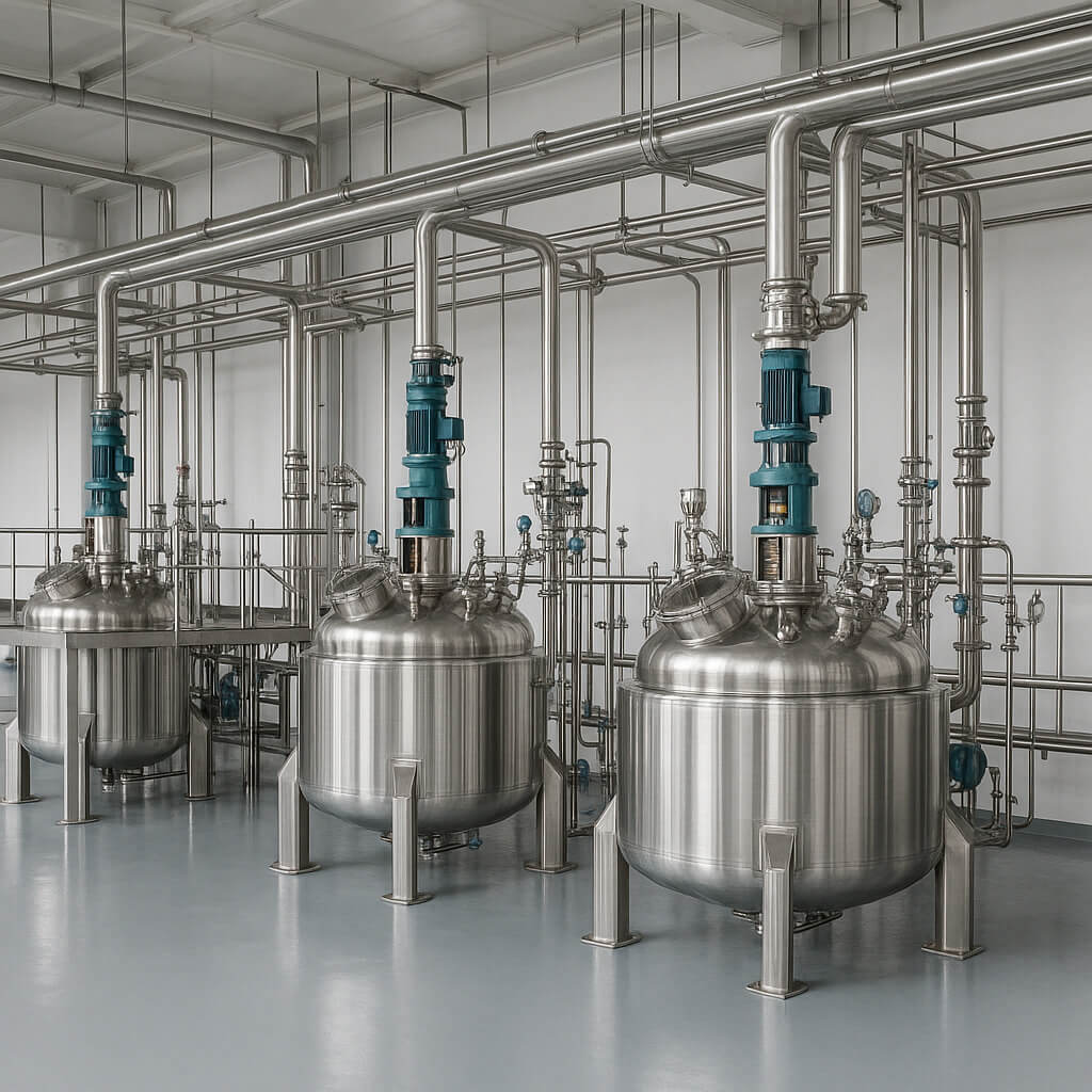 Stainless steel HPMC processing equipment inside a modern Chinese manufacturing facility, featuring clean reactors, overhead piping, and spotless epoxy flooring.