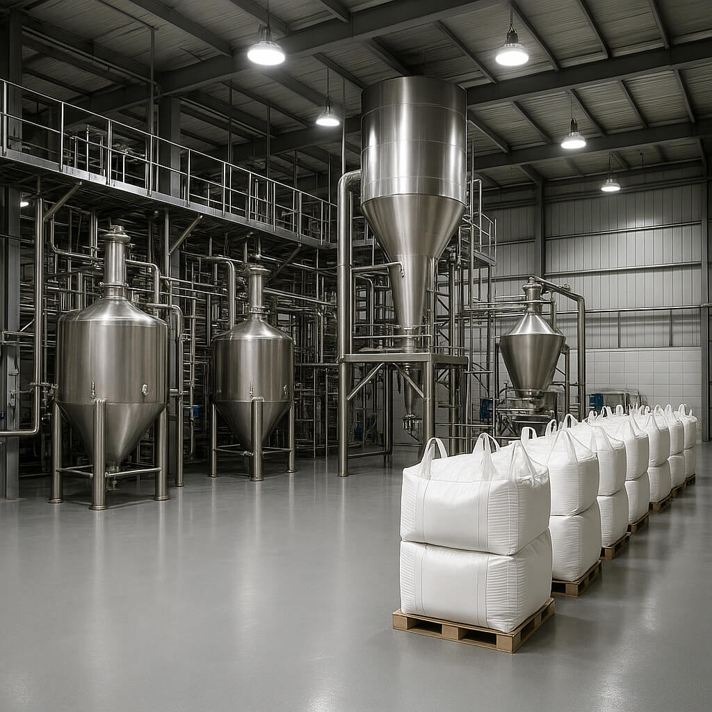 Moderno stabilimento di produzione di HPMC in Cina con reattori in acciaio inossidabile, apparecchiature per la lavorazione delle polveri e sacchi sfusi impilati per applicazioni di livello edile.