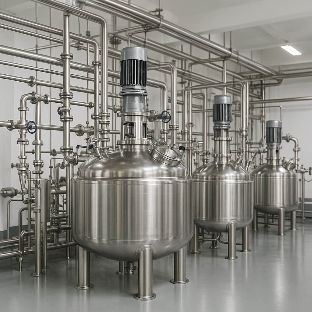 HPMC-Reaktoren und Mischtanks aus Edelstahl in einer modernen chinesischen Produktionsanlage mit sauberen Rohrleitungen, Regelventilen und epoxidbeschichteten Böden.