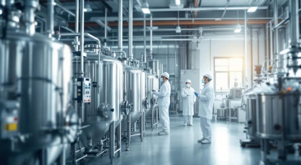 Wide-angle shot of Chinese factory workers in full PPE supervising HPMC synthesis in a clean industrial environment with visible piping and mixing systems.