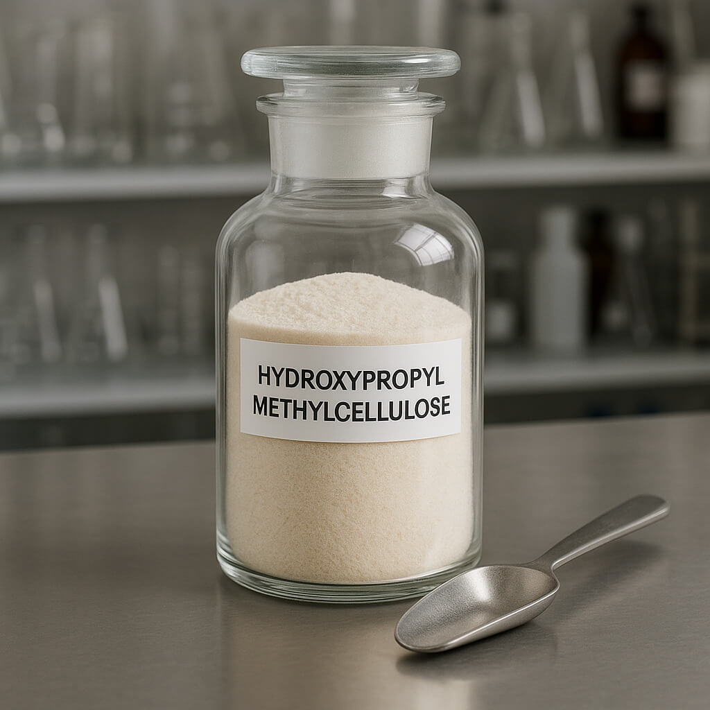 Glass reagent bottle containing hydroxypropyl methylcellulose powder on a clean stainless steel lab bench with a metal scoop, in a well-organized chemical laboratory.