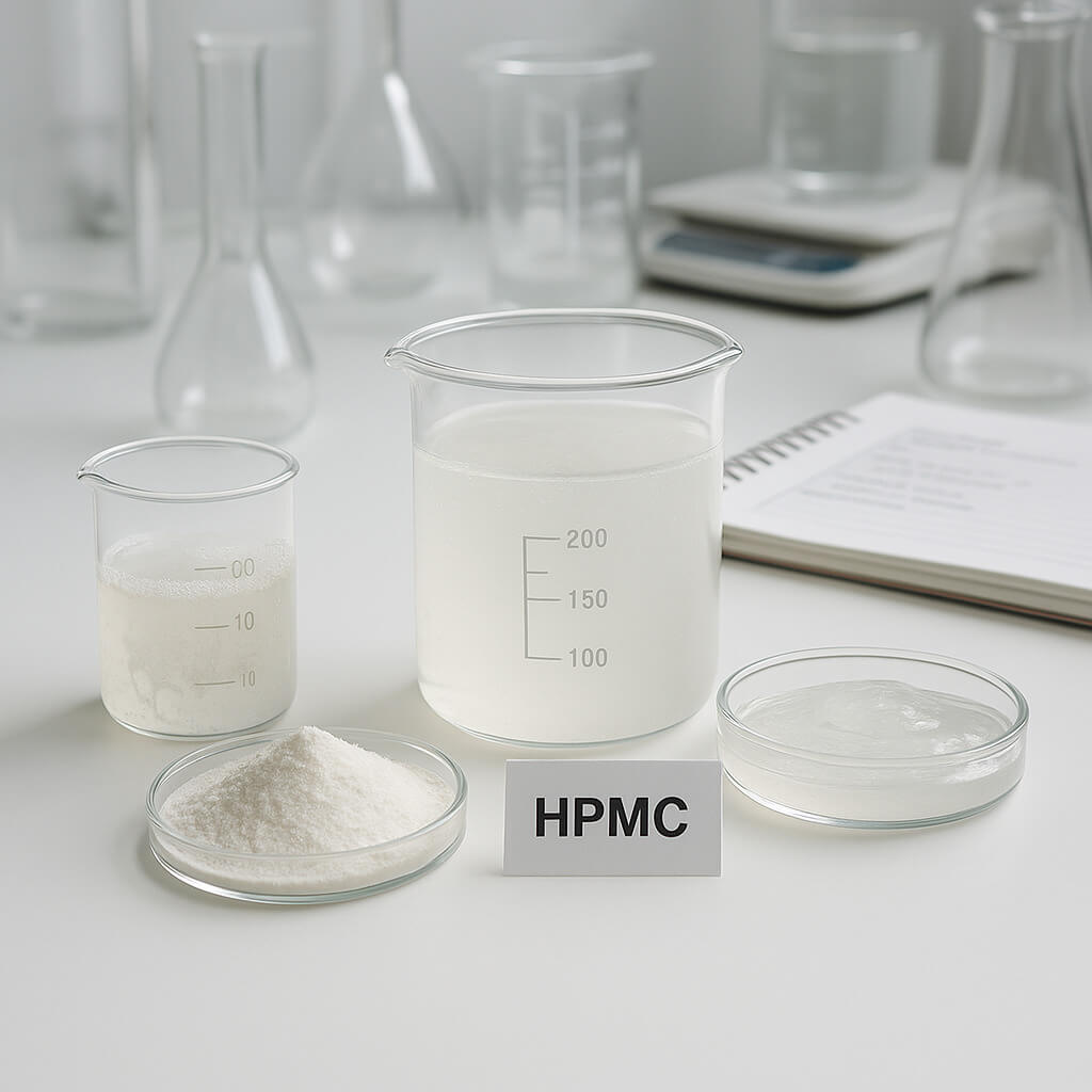 Imagen fotorrealista de hidroxipropilmetilcelulosa (HPMC) en forma de polvo y gel que se prueba en un entorno de laboratorio profesional, mostrando las características de solubilidad y viscosidad.