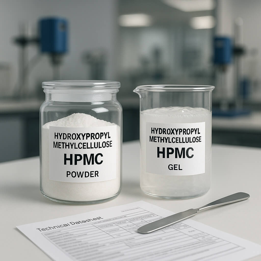 Campioni di idrossipropilmetilcellulosa (HPMC) in polvere e gel su un banco da laboratorio con scheda tecnica e strumenti, che illustrano i test di controllo qualità in un moderno laboratorio industriale.