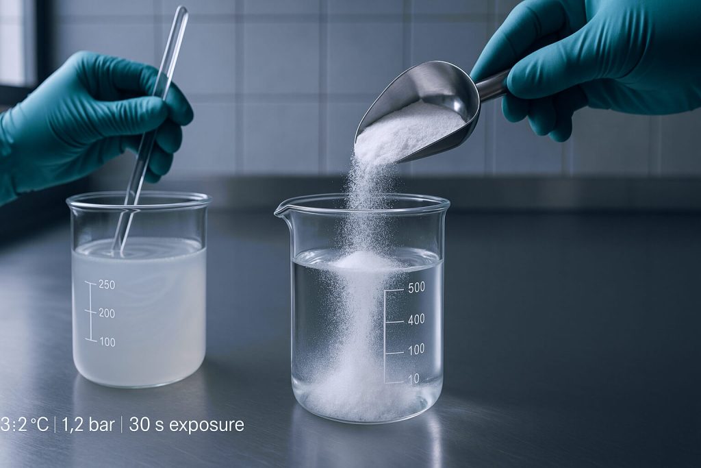 Gloved laboratory technician pouring HPMC powder into water in a glass beaker, while another beaker with MC is stirred on a stainless-steel lab bench, showing real-time dissolution and viscosity testing under controlled scientific conditions.
