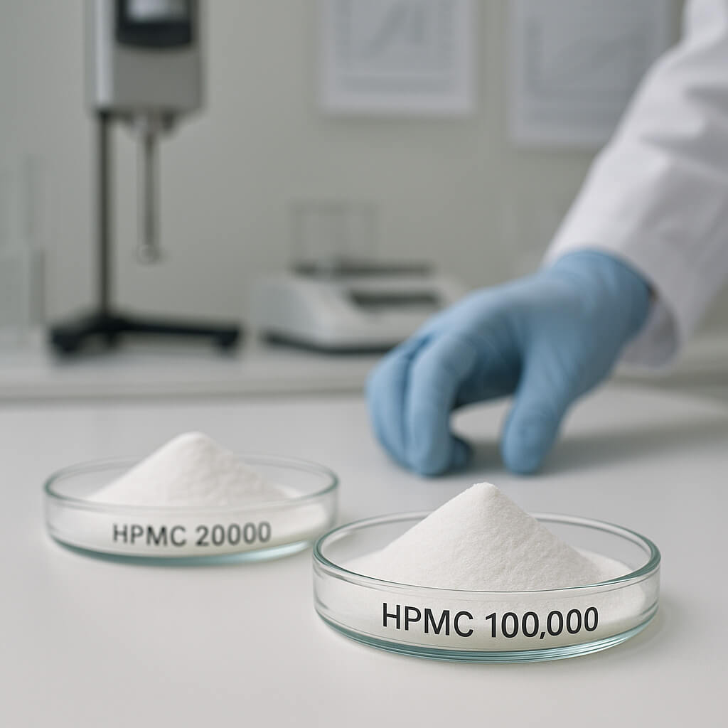 Scena di laboratorio fotorealistica che mostra campioni di HPMC con pesi molecolari variabili su un banco da lavoro scientifico, con strumenti di analisi e la mano guantata di un tecnico che si prepara per il test.
