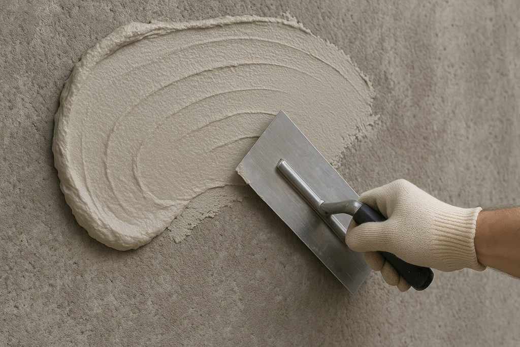 Photorealistic scene of HPMC-enhanced mortar being applied smoothly to a concrete wall with a trowel, illustrating strong adhesion and workability.