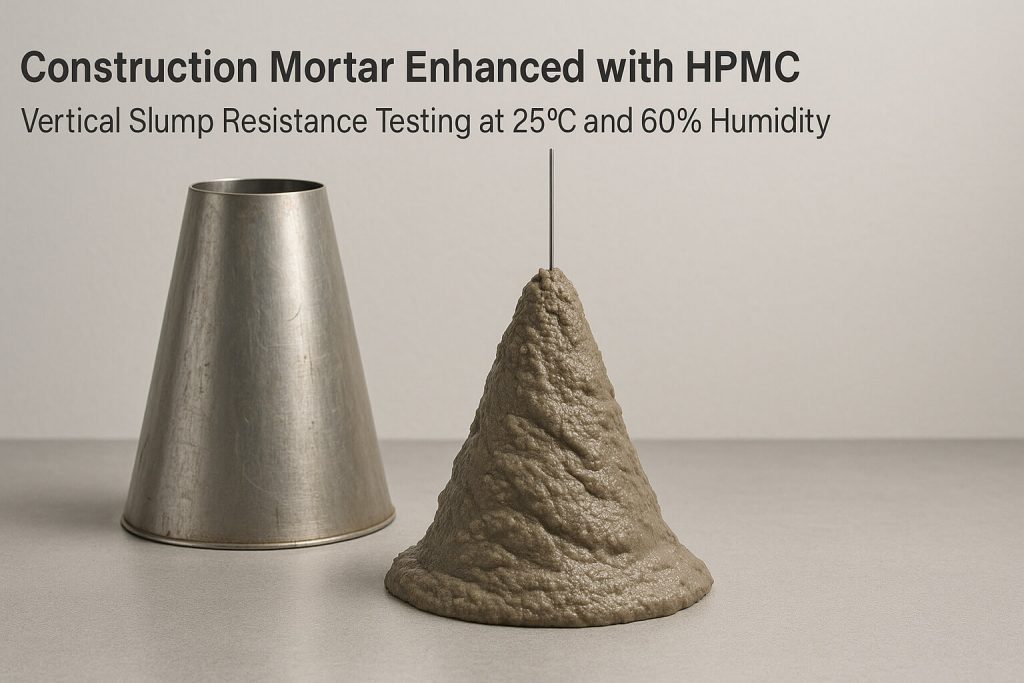 HPMC-enhanced mortar sample undergoing vertical slump resistance test on a construction site, demonstrating strong cohesion and minimal sag