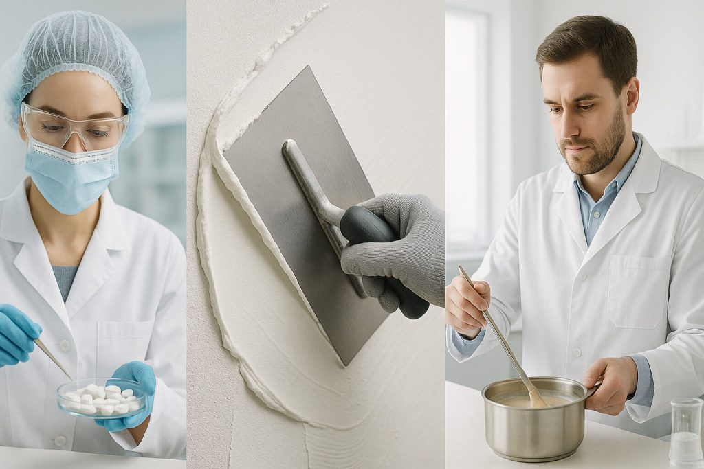 Realistic composite image illustrating the multifunctional applications of HPMC: tablet coating in pharmaceuticals, mortar application in construction, and thickening in food science labs.