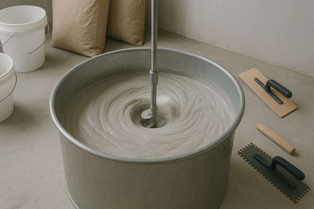 High-resolution image of HPMC dissolving into water during tile adhesive preparation in a construction setting, illustrating its dispersion and water retention properties under real-world conditions.