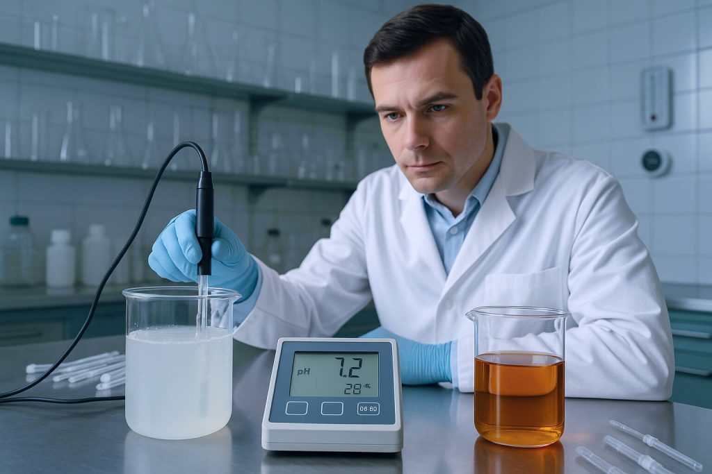 Wide-angle laboratory scene showing a scientist in a lab coat and gloves measuring the pH of an HPMC solution with a digital pH meter, demonstrating uniform dispersion in beakers under controlled conditions, photorealistic and scientifically accurate.