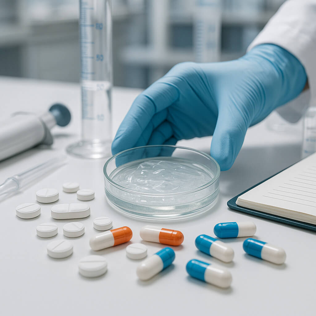 Close-up of pharmaceutical tablets and capsules with a gloved hand handling HPMC gel in a laboratory setting, illustrating formulation precision and excipient usage.